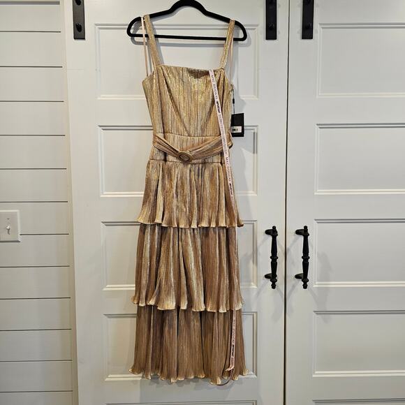 Mac Duggal 27062 Ruffle Tier Midi Metallic Gold Pleated Belted Dress Size 6 - Picture 2 of 9